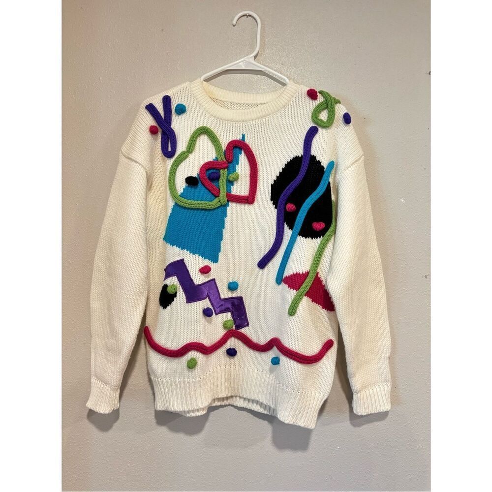 Vintage 80s/90s Gitano Abstract 3D Appliqué Sweater Size M Colorful Memphis Art
